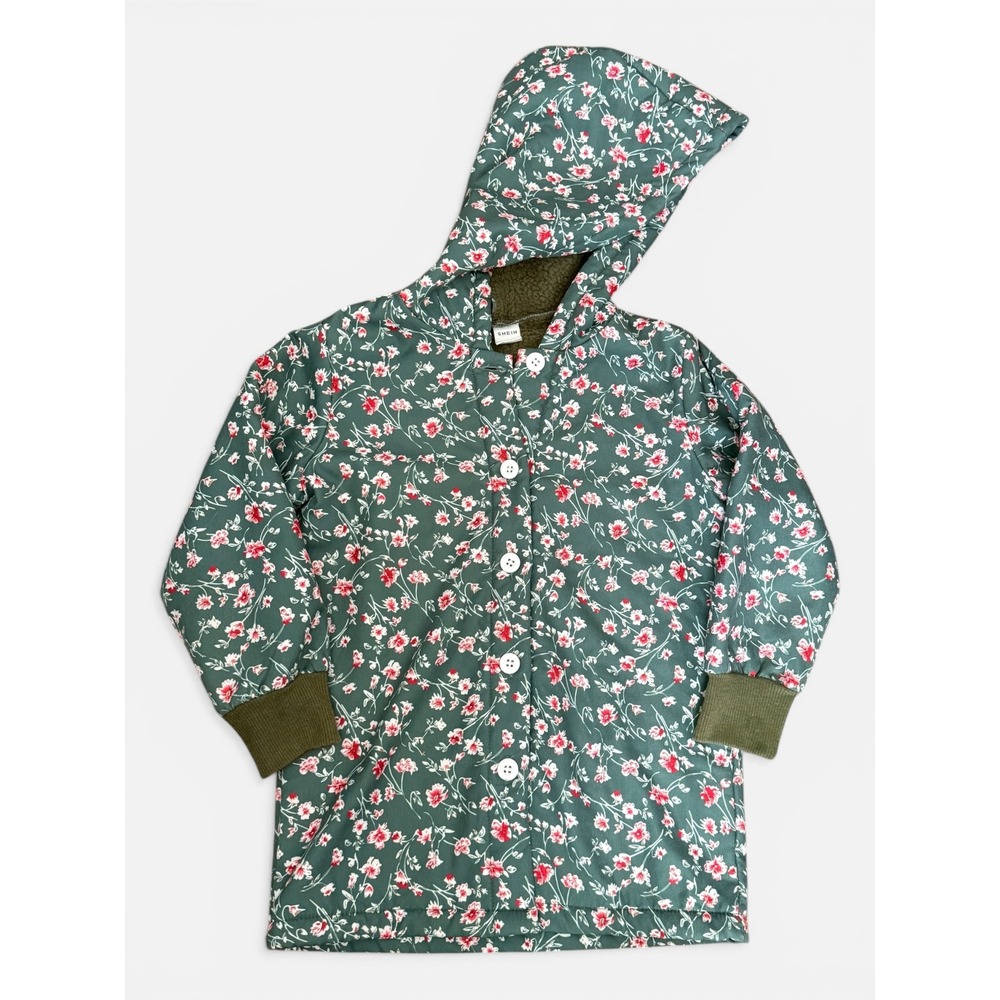 SHEIN Kids Floral Puffer Coat Green Pink Sherpa Lined Hooded Quilted Jacket - Picture 2 of 4